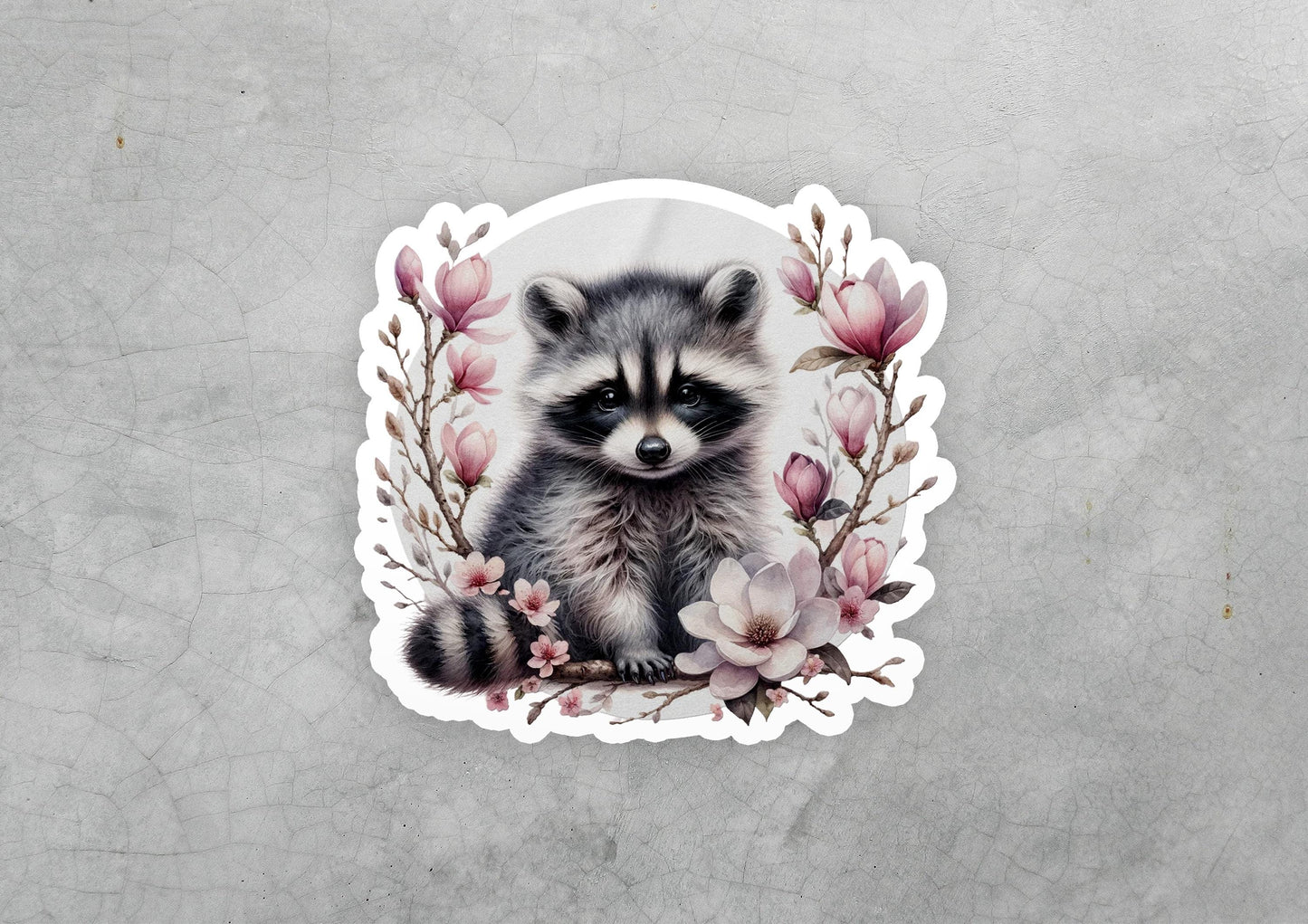 a sticker with a picture of a raccoon