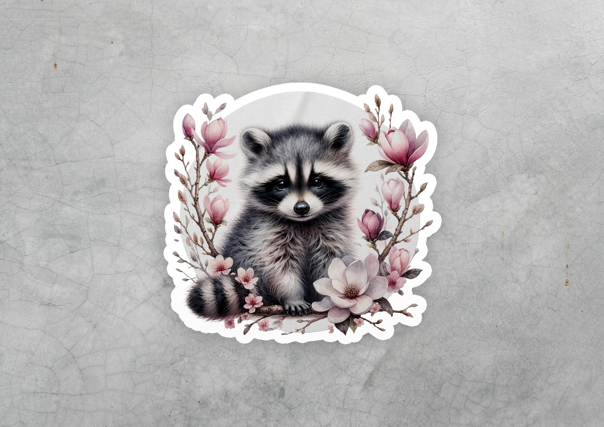 a sticker with a picture of a raccoon