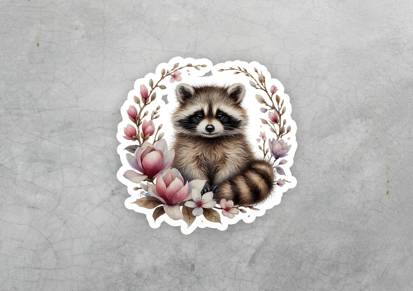 a sticker of a raccoon surrounded by flowers