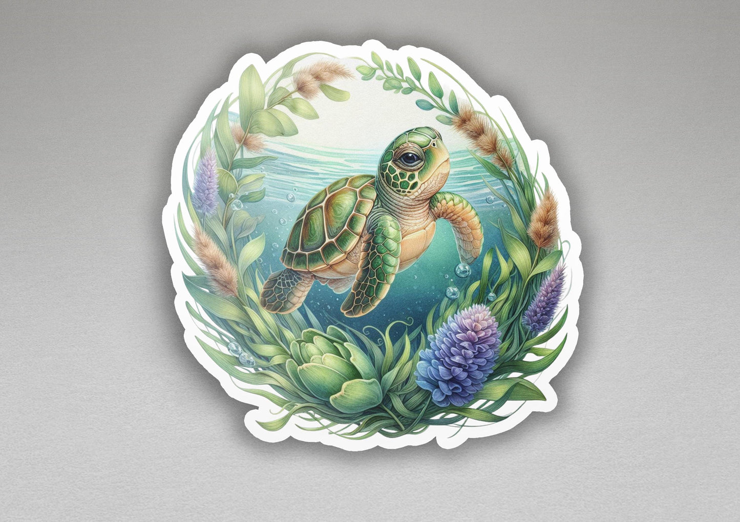 a sticker of a turtle swimming in the ocean