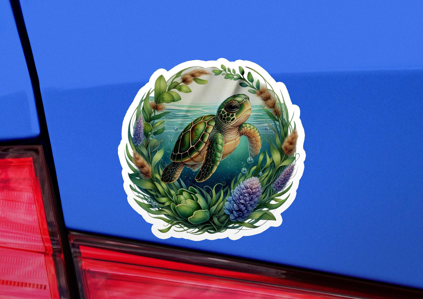 a turtle sticker on the back of a car