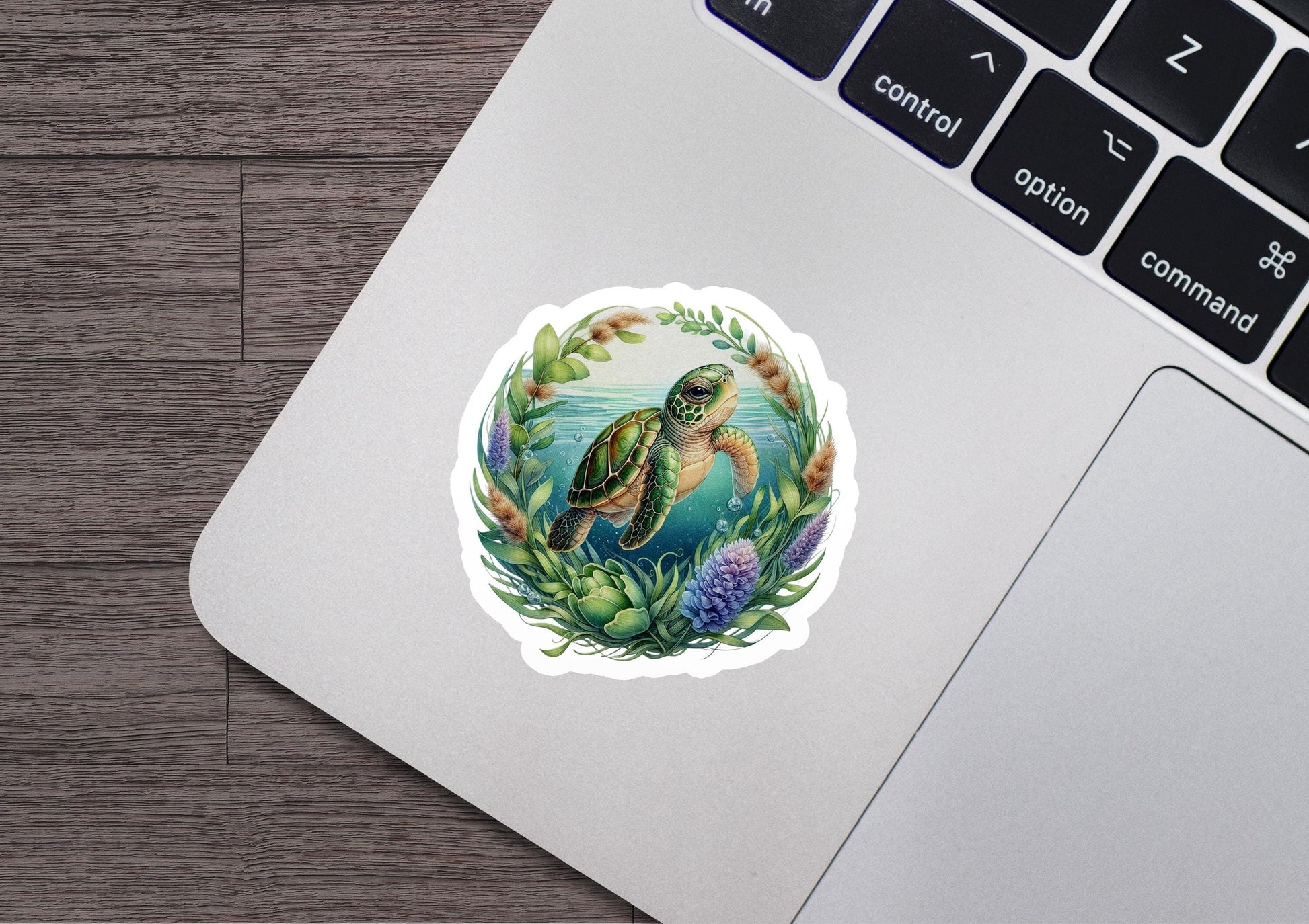 a sticker of a turtle swimming in the ocean