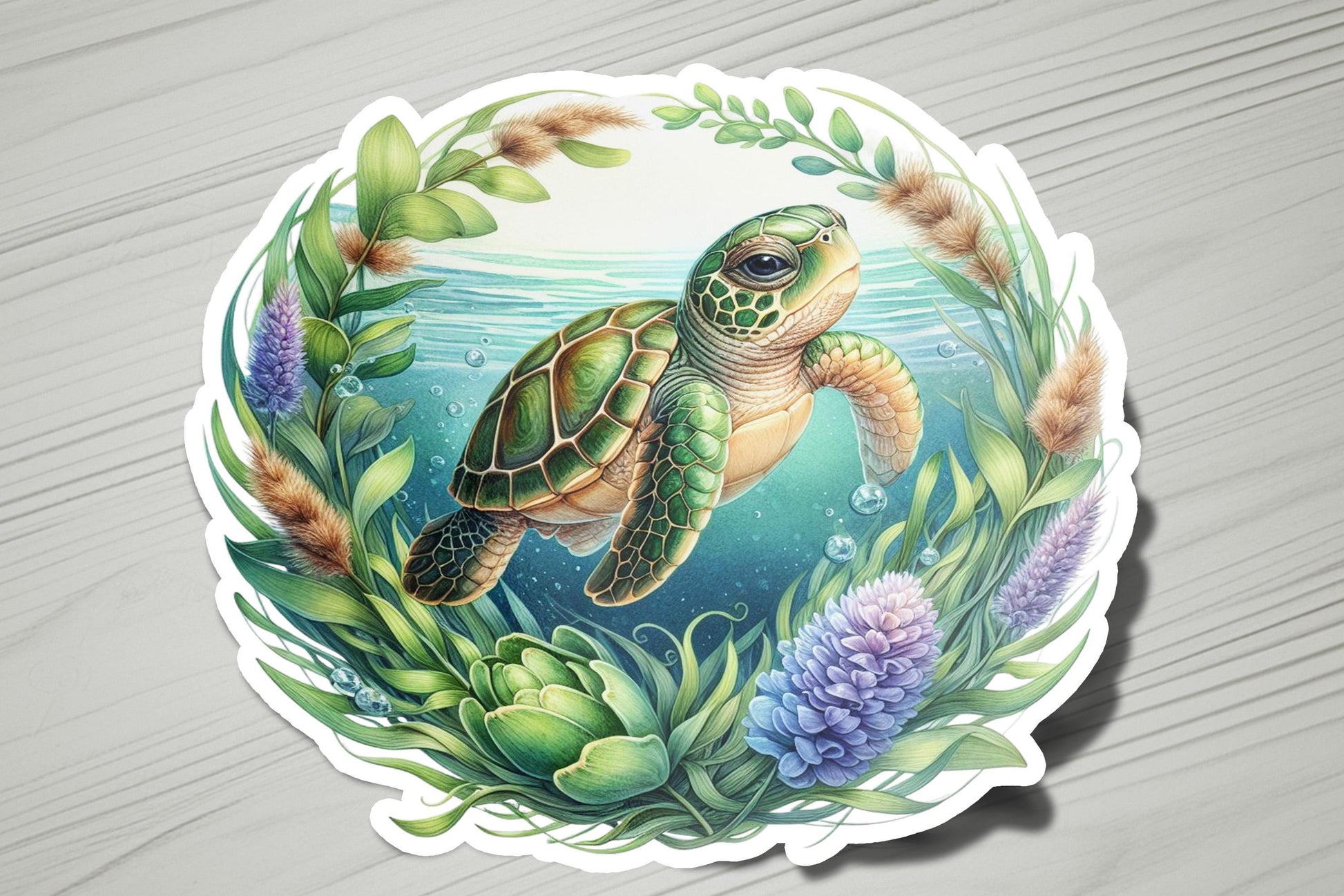a sticker of a turtle swimming in the ocean