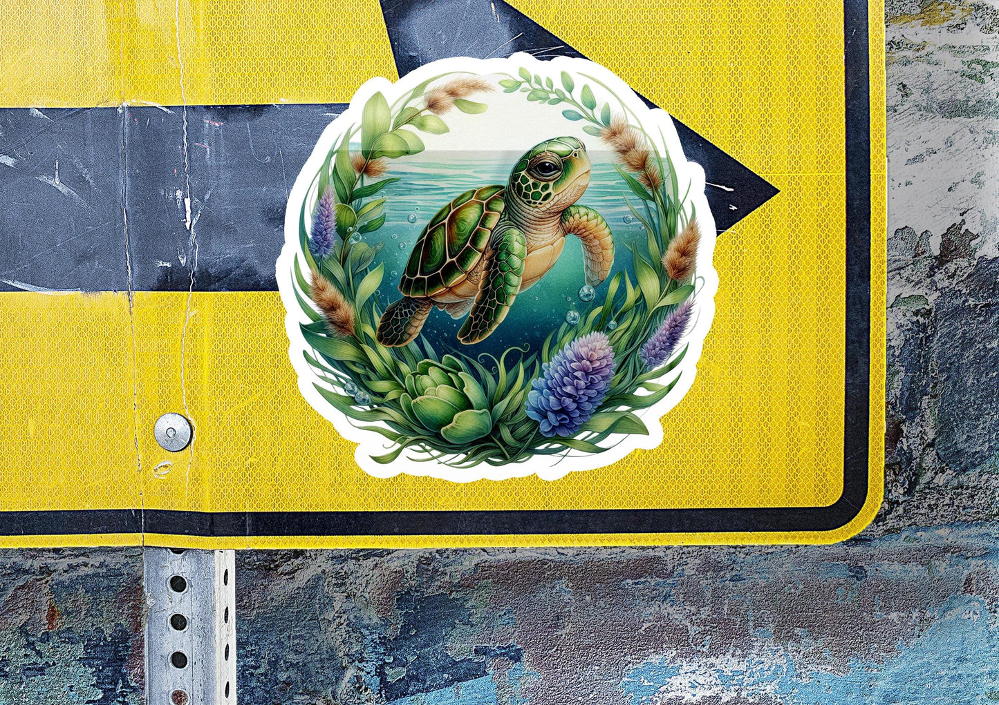 a sticker of a turtle on a yellow sign