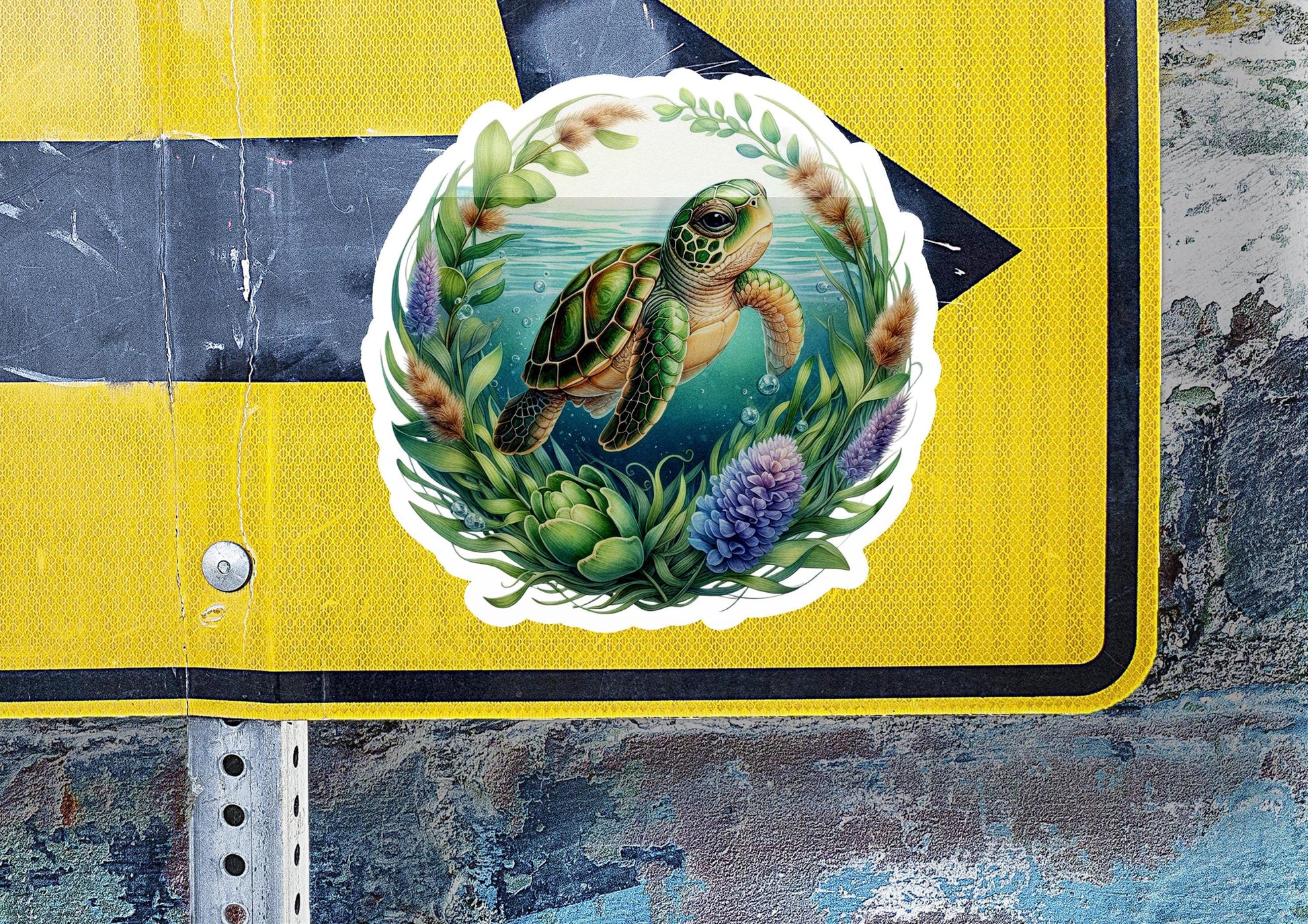 a sticker of a turtle on a yellow sign