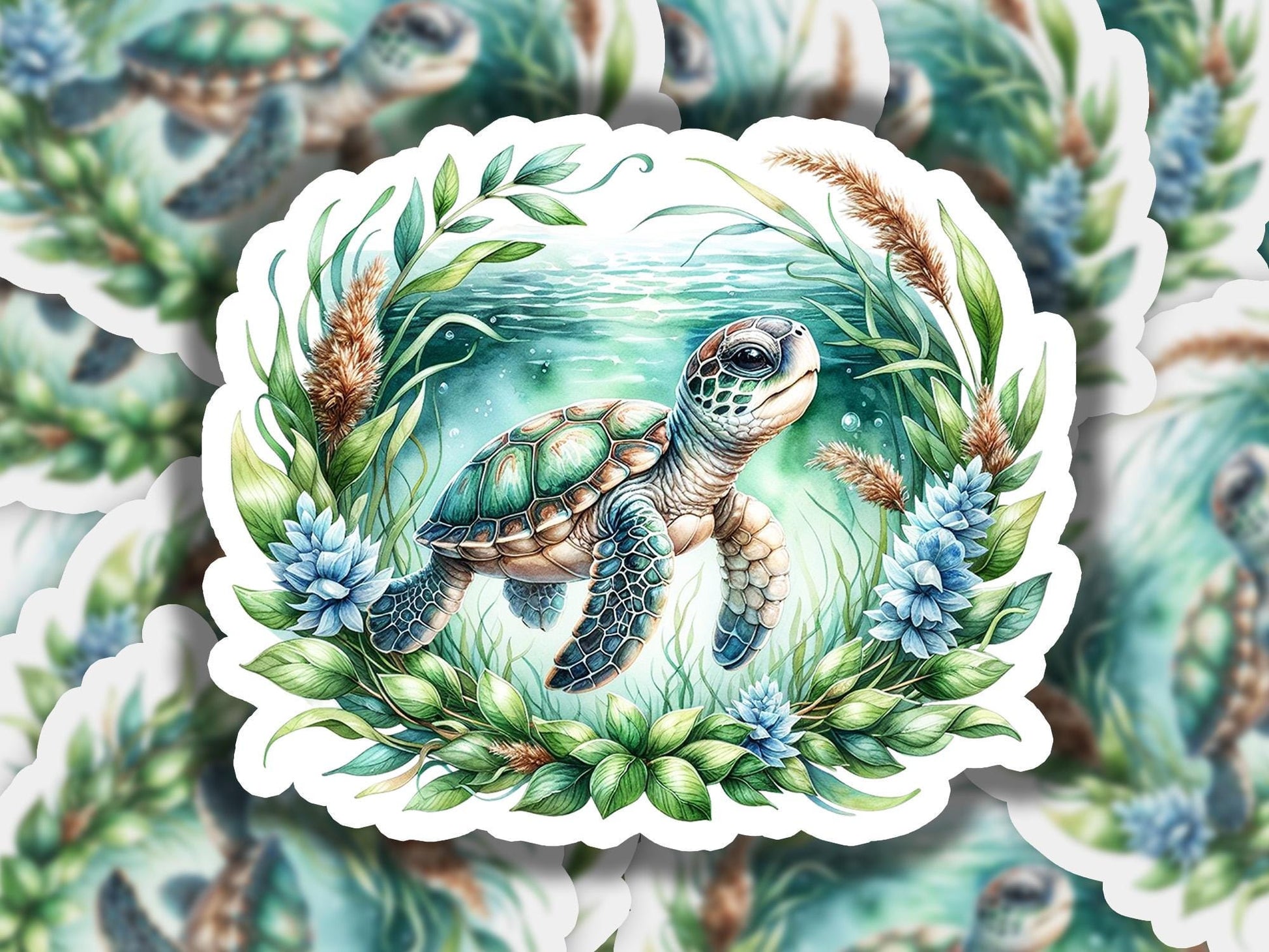 a sticker of a turtle surrounded by plants