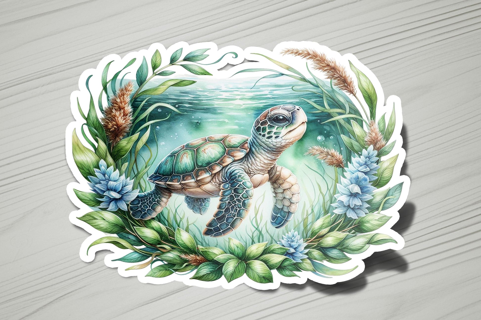 a sticker of a turtle swimming in the ocean