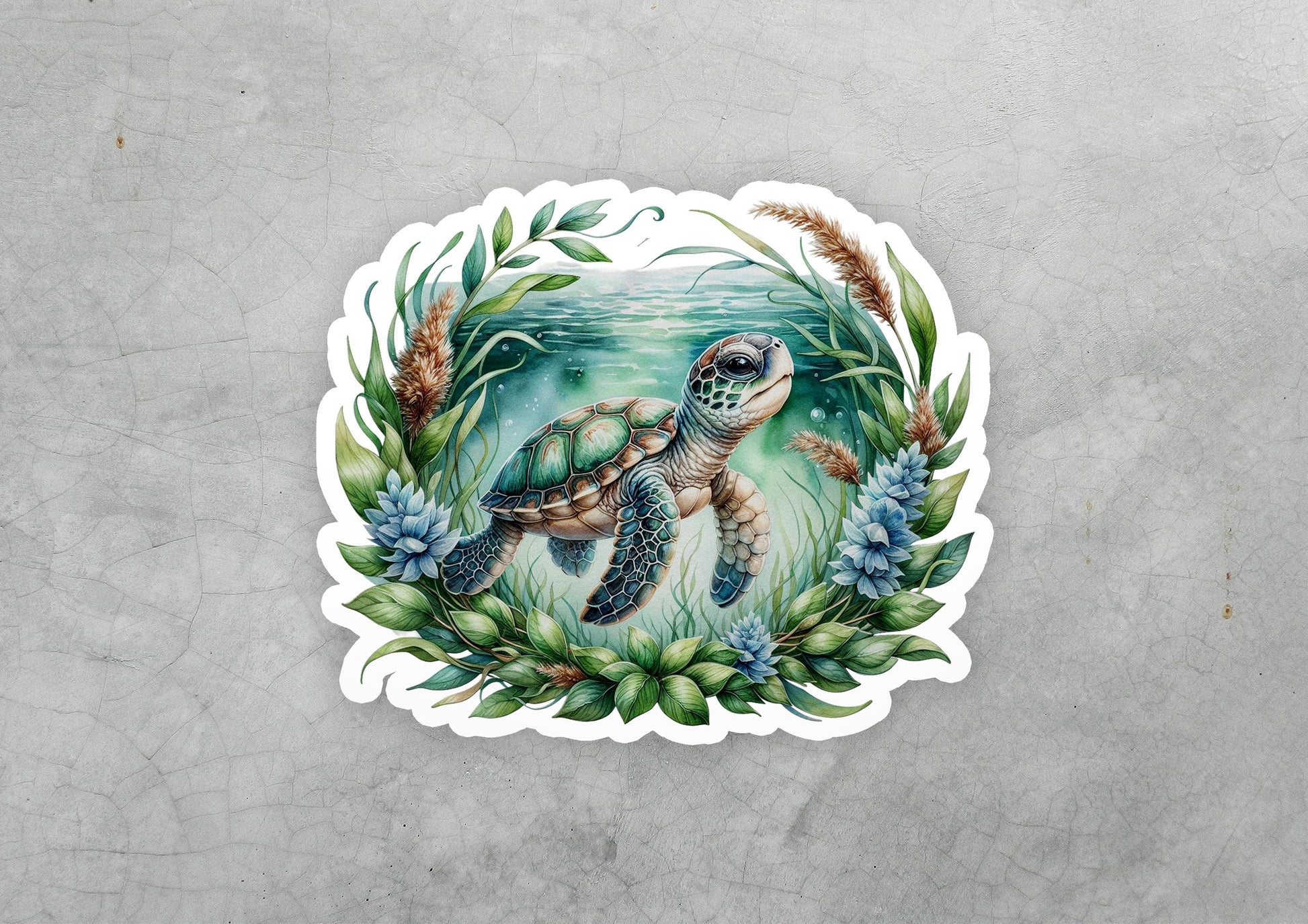 a sticker of a turtle swimming in the ocean