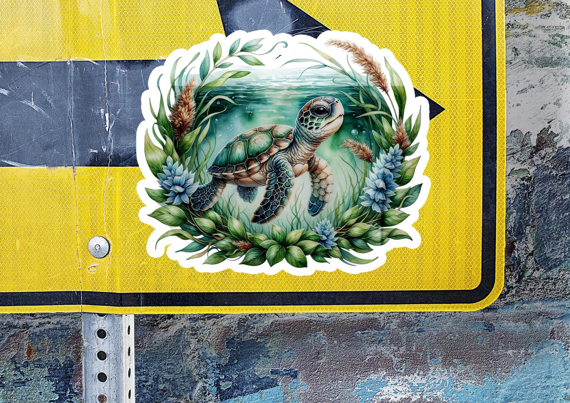 a sticker of a sea turtle on a street sign