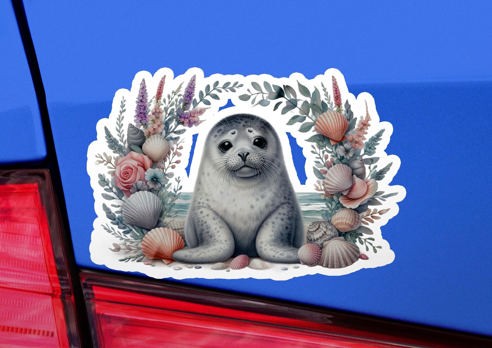 a sticker of a seal on the back of a car