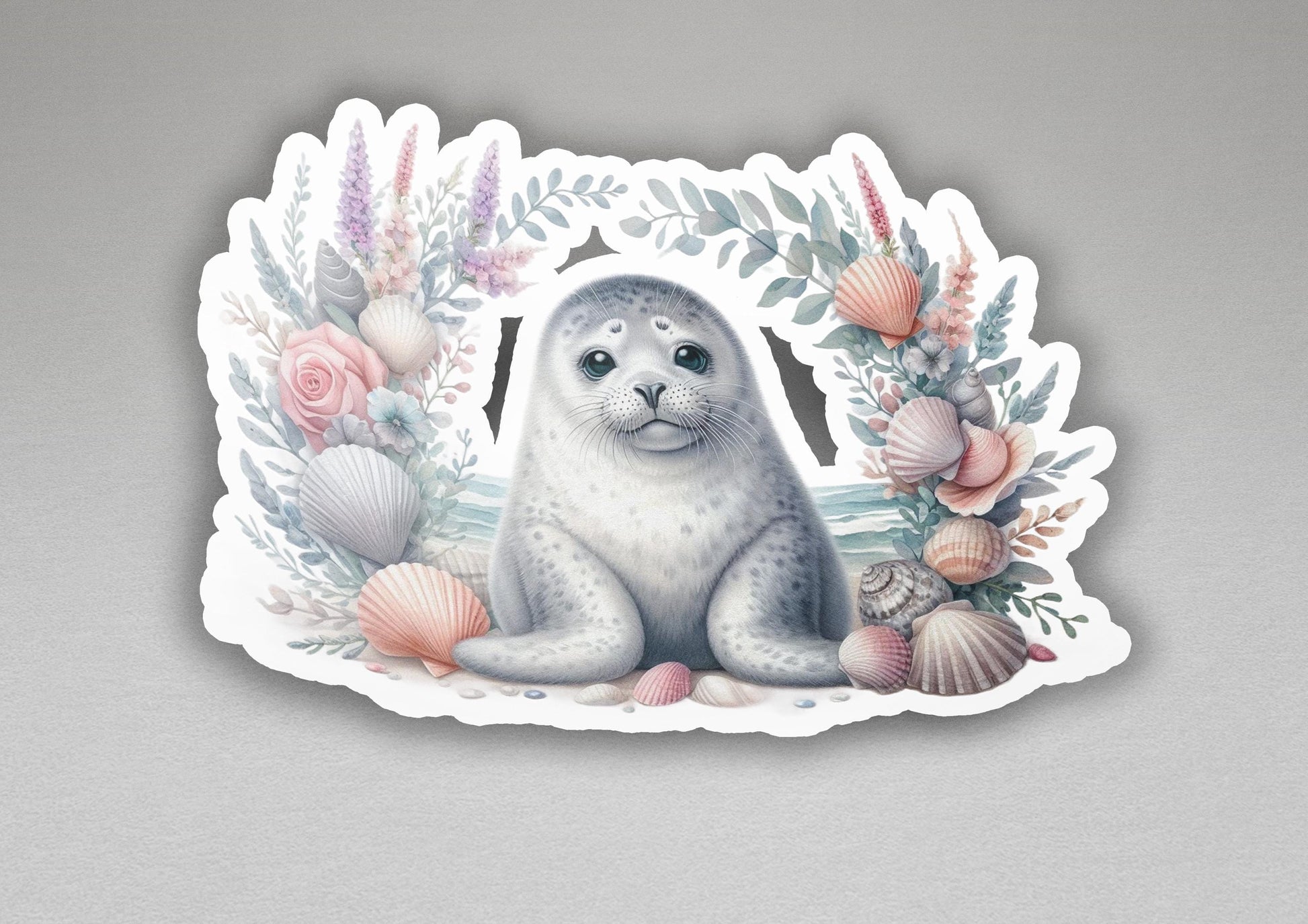 a sticker of a sea lion surrounded by seashells