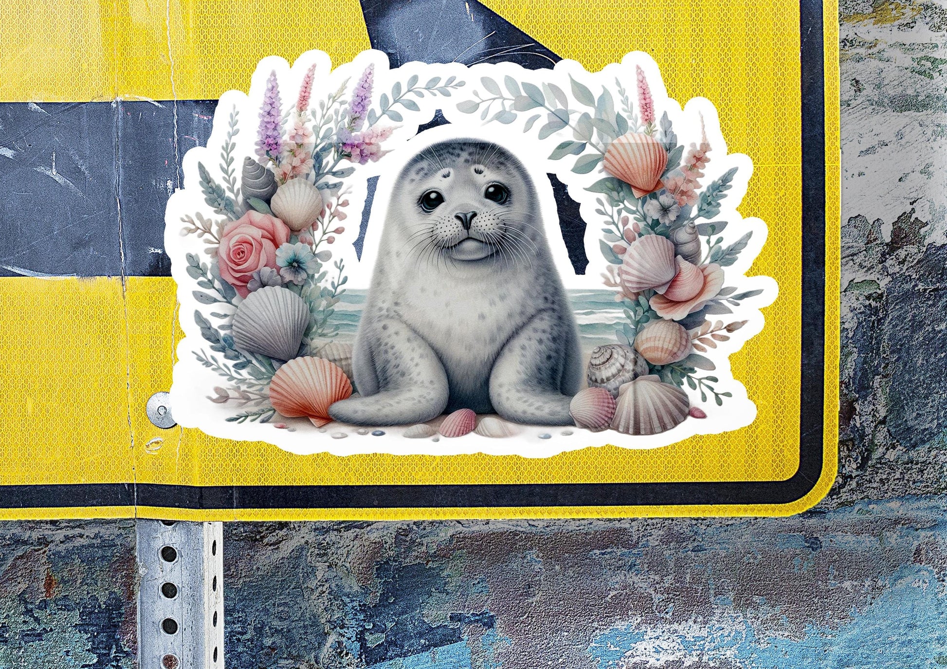 a close up of a street sign with a seal on it