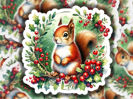 a picture of a squirrel surrounded by holly and berries