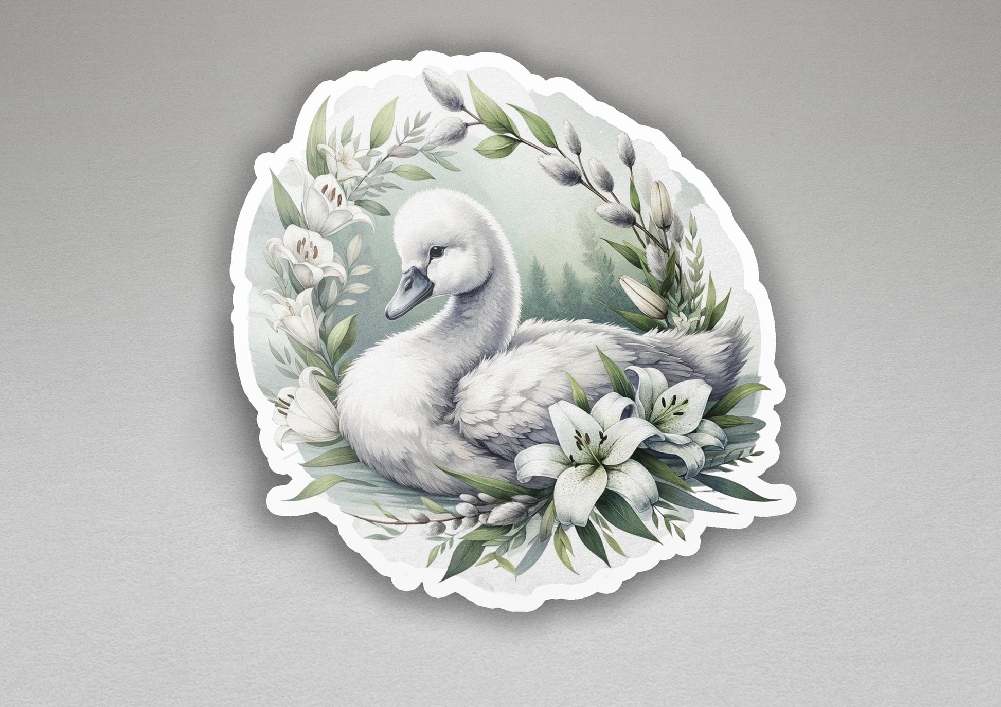 a sticker of a white swan surrounded by flowers
