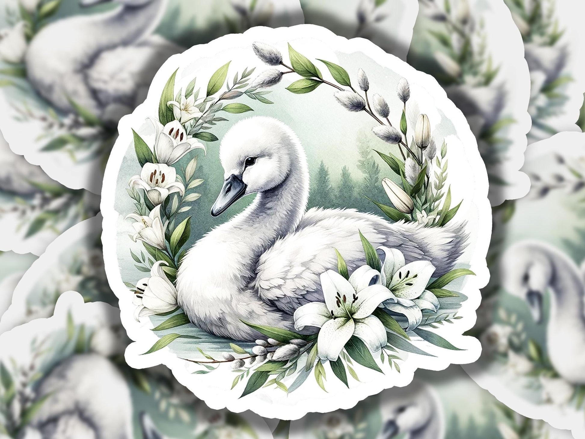 a picture of a swan surrounded by flowers