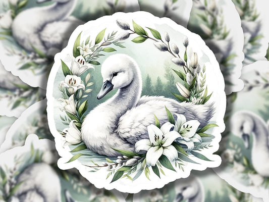 a picture of a swan surrounded by flowers