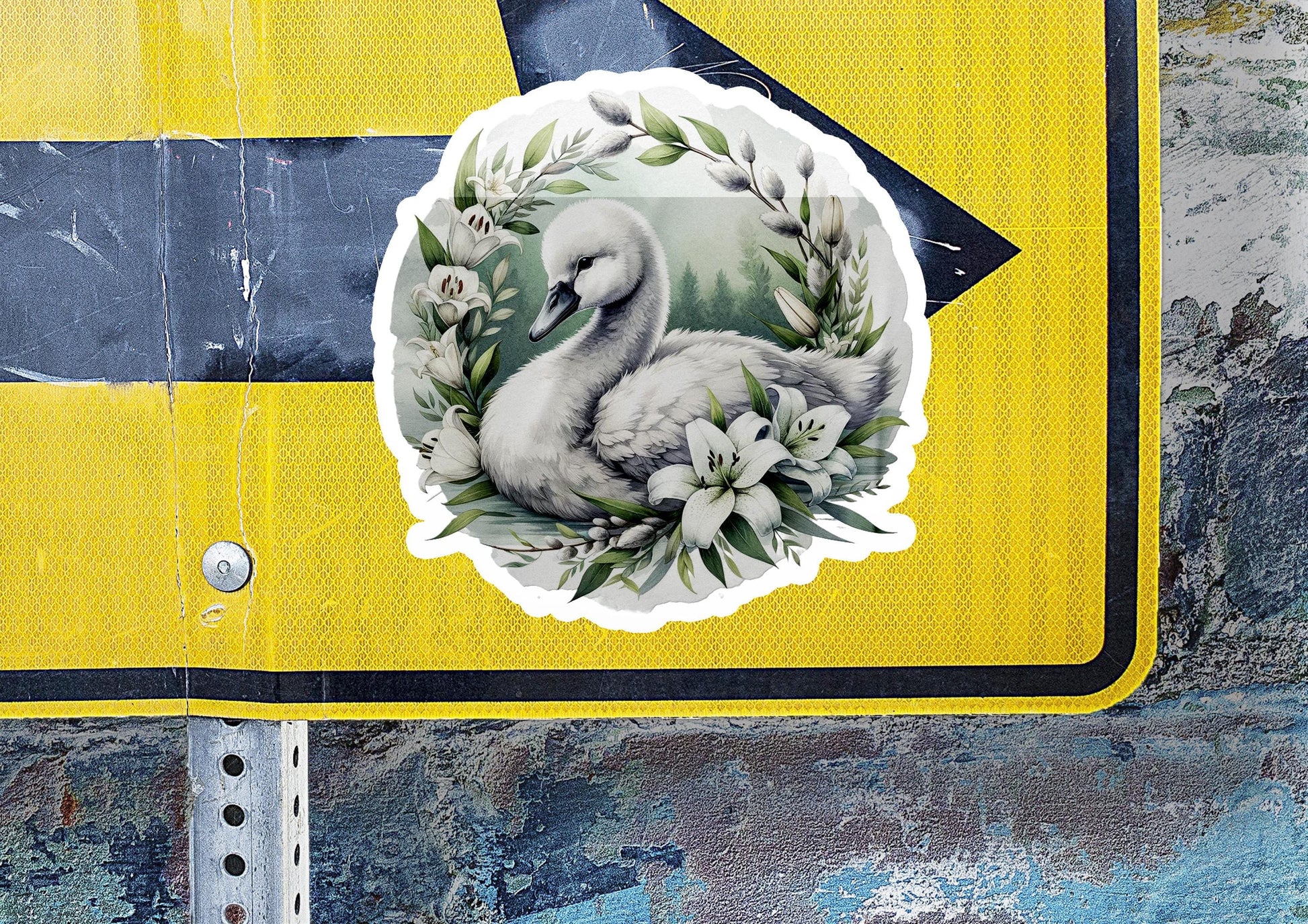 a sticker of a swan on a street sign