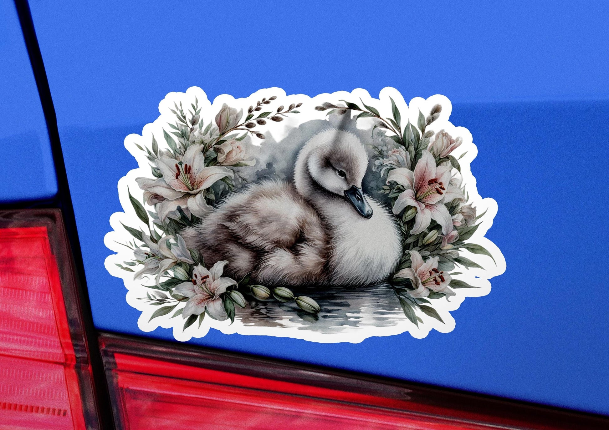 a sticker of a duck with flowers on it