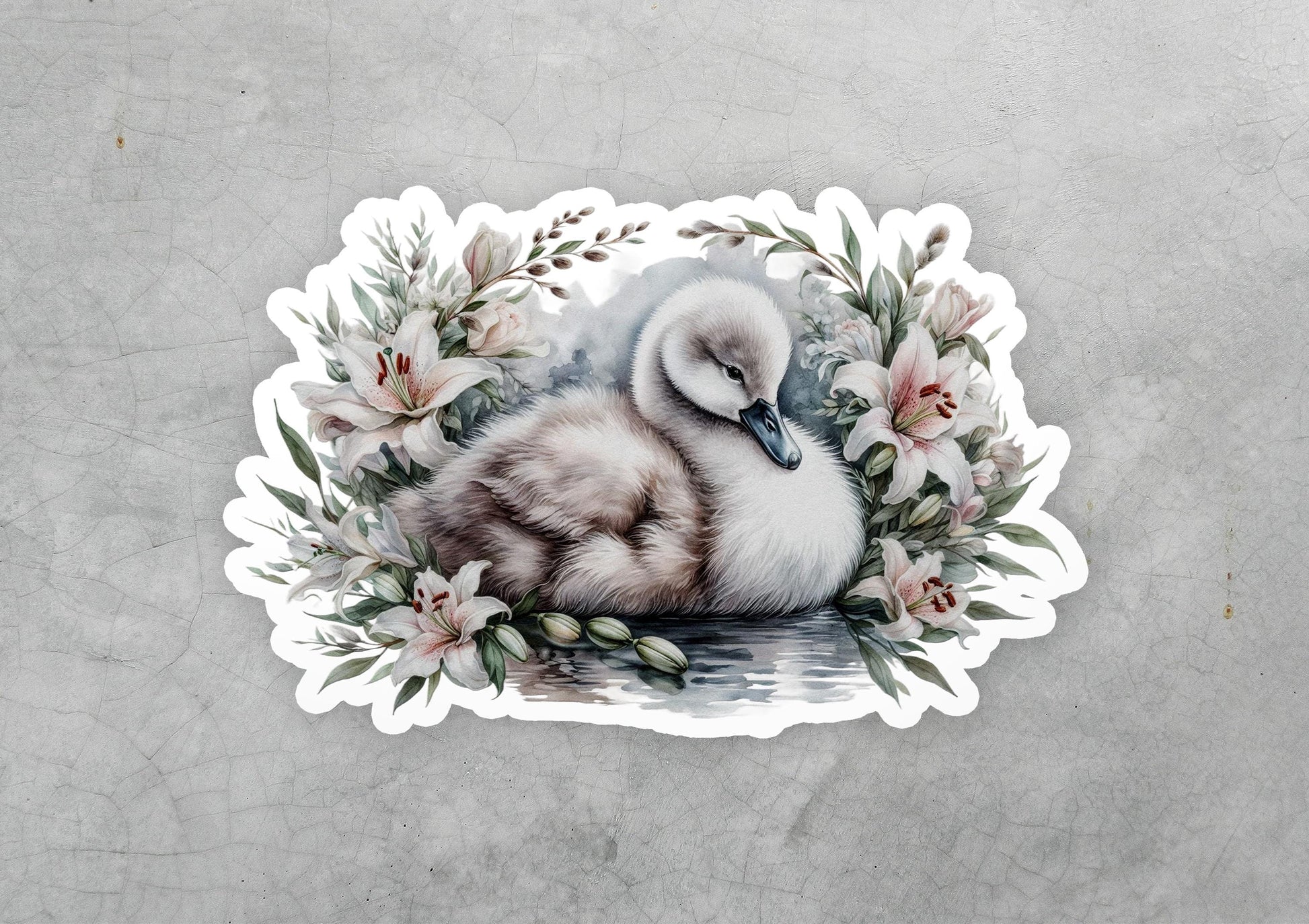 a sticker with a picture of a duck and flowers