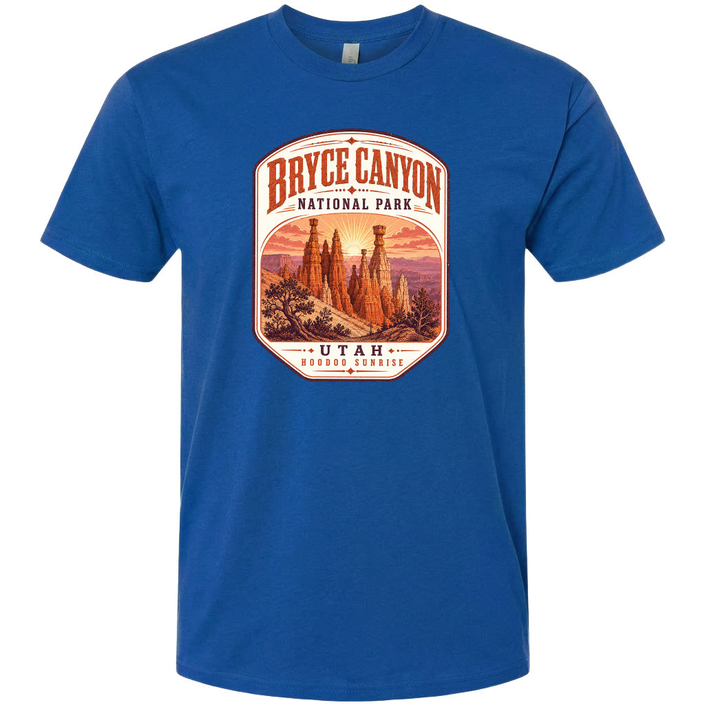 A blue t-shirt with a graphic design depicting the Bryce Canyon National Park in Utah.