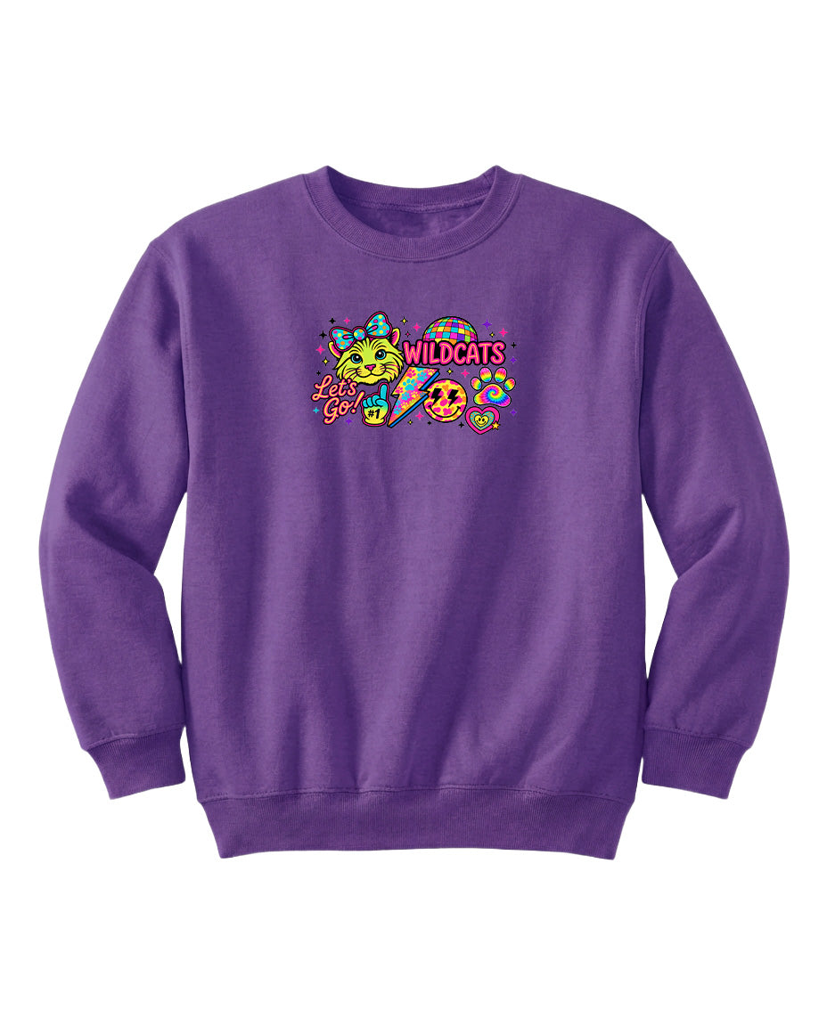 A purple sweatshirt with a colorful graphic design featuring cartoon-style characters and text.