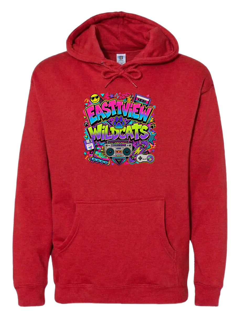 A red hoodie with a colorful graphic design featuring a boombox, a cassette tape, and various other retro-style icons.