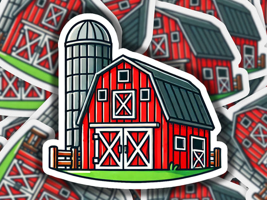 a sticker of a red barn and a silo