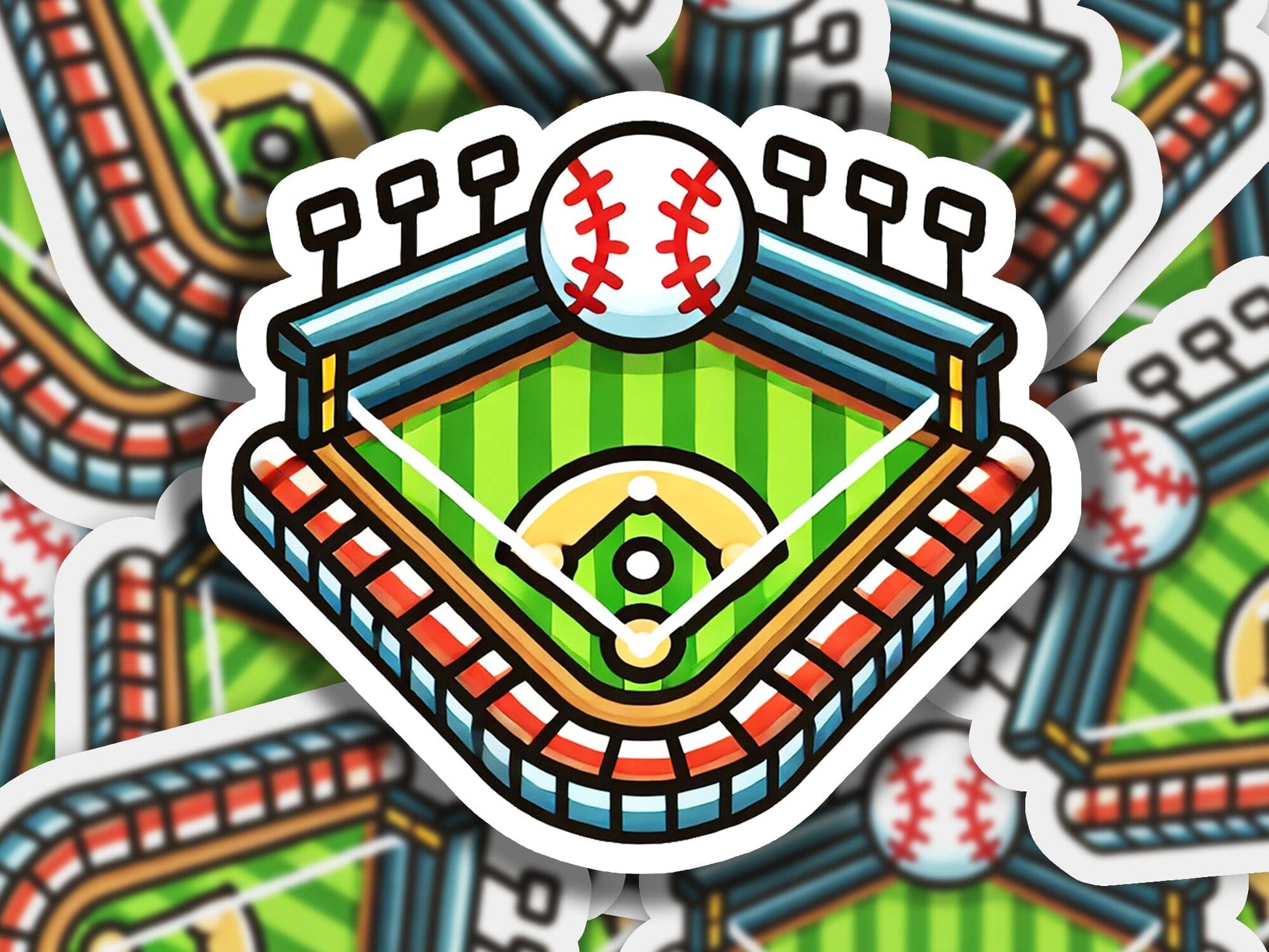 a close up of a sticker of a baseball field