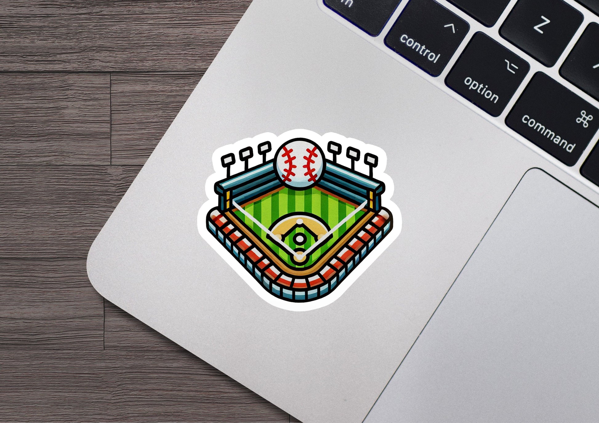 a laptop with a sticker of a baseball field