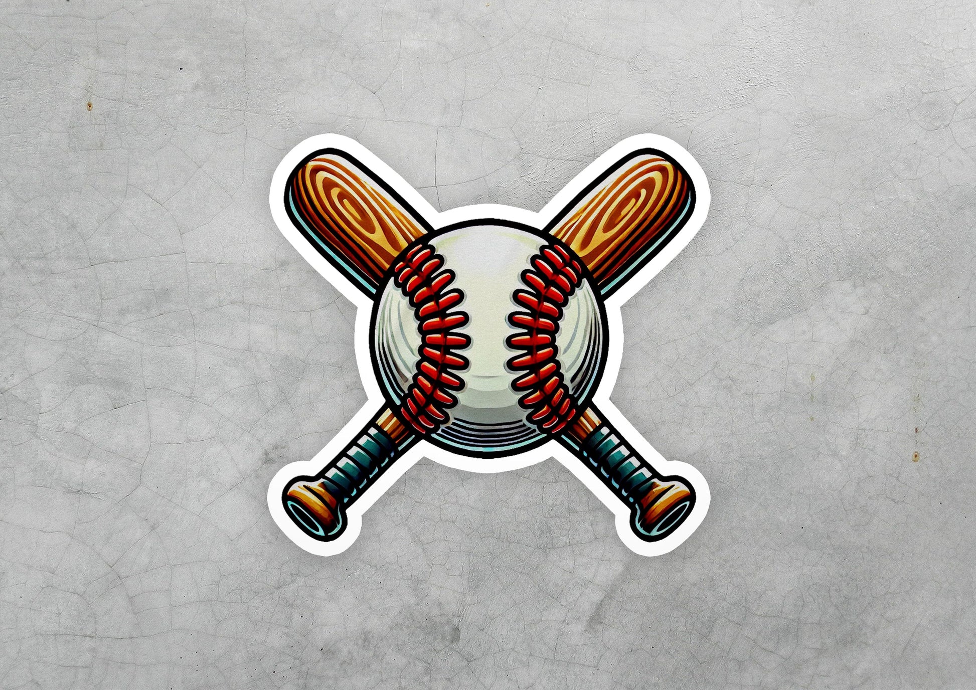 a baseball sticker with a bat and ball on it