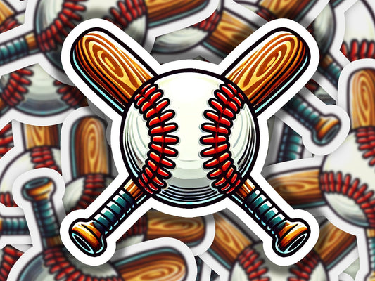 a sticker of a baseball ball and two bats