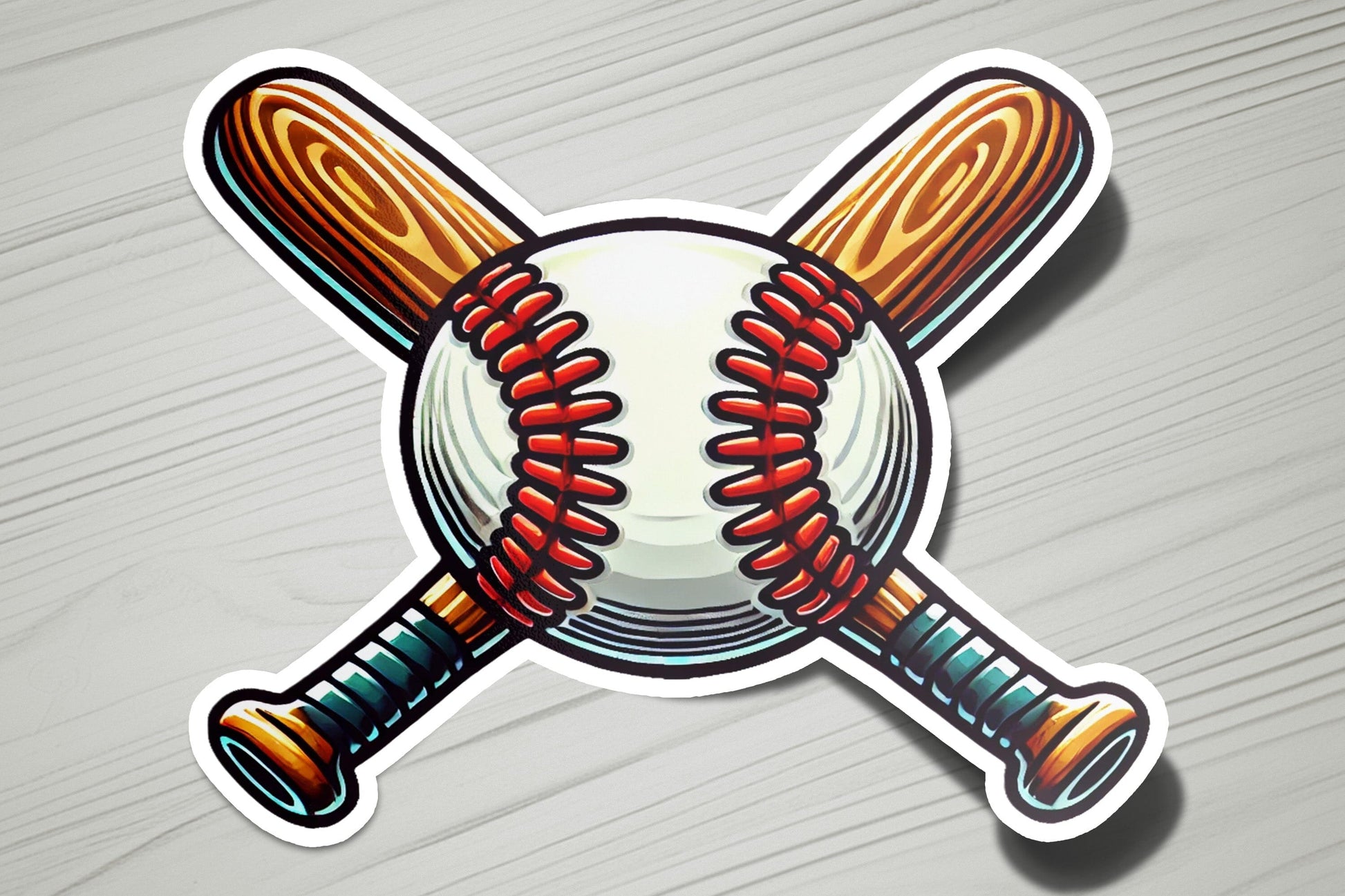 a sticker of a baseball with a bat