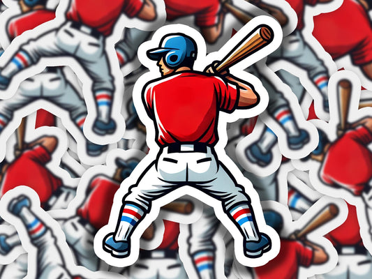 a sticker of a baseball player holding a bat