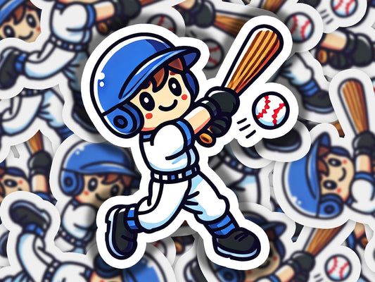 a sticker of a baseball player hitting a ball