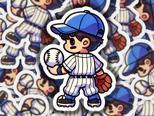 a sticker of a baseball player holding a ball
