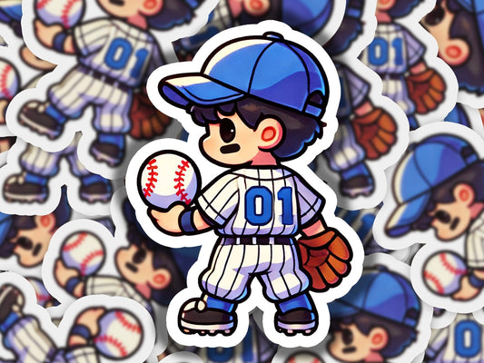 a sticker of a baseball player holding a ball