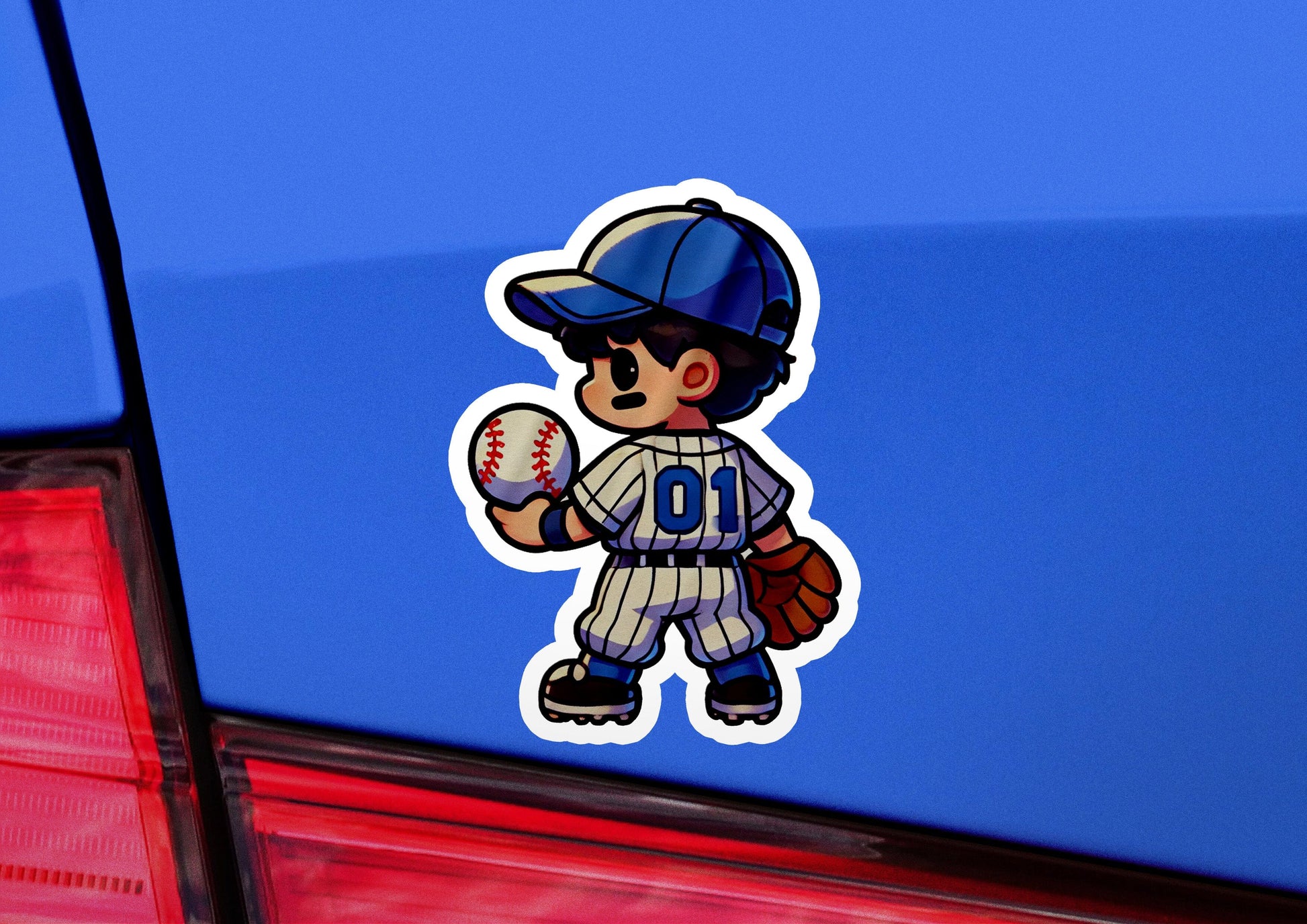 a sticker of a baseball player holding a ball