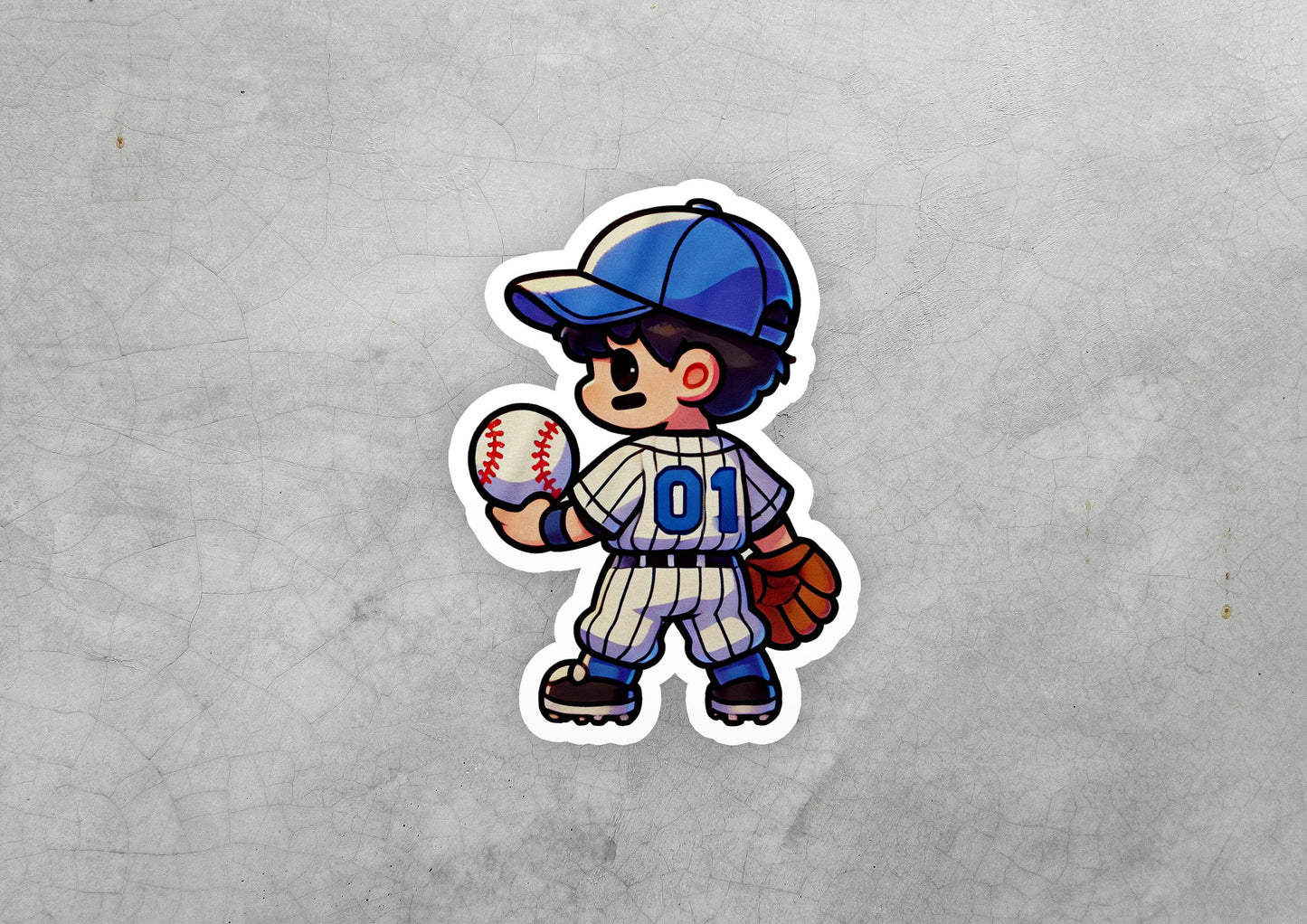 a sticker of a baseball player holding a ball