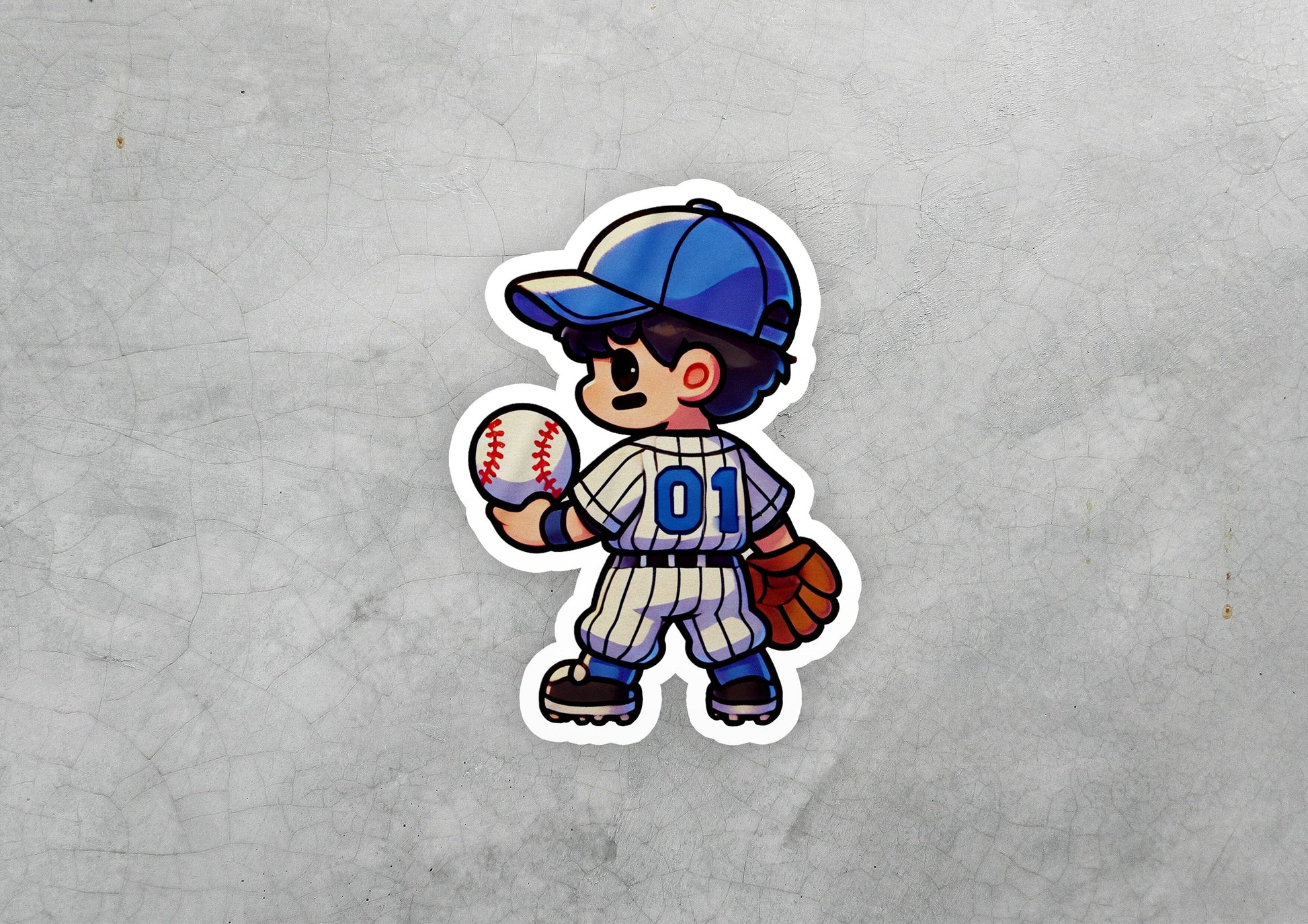 a sticker of a baseball player holding a ball