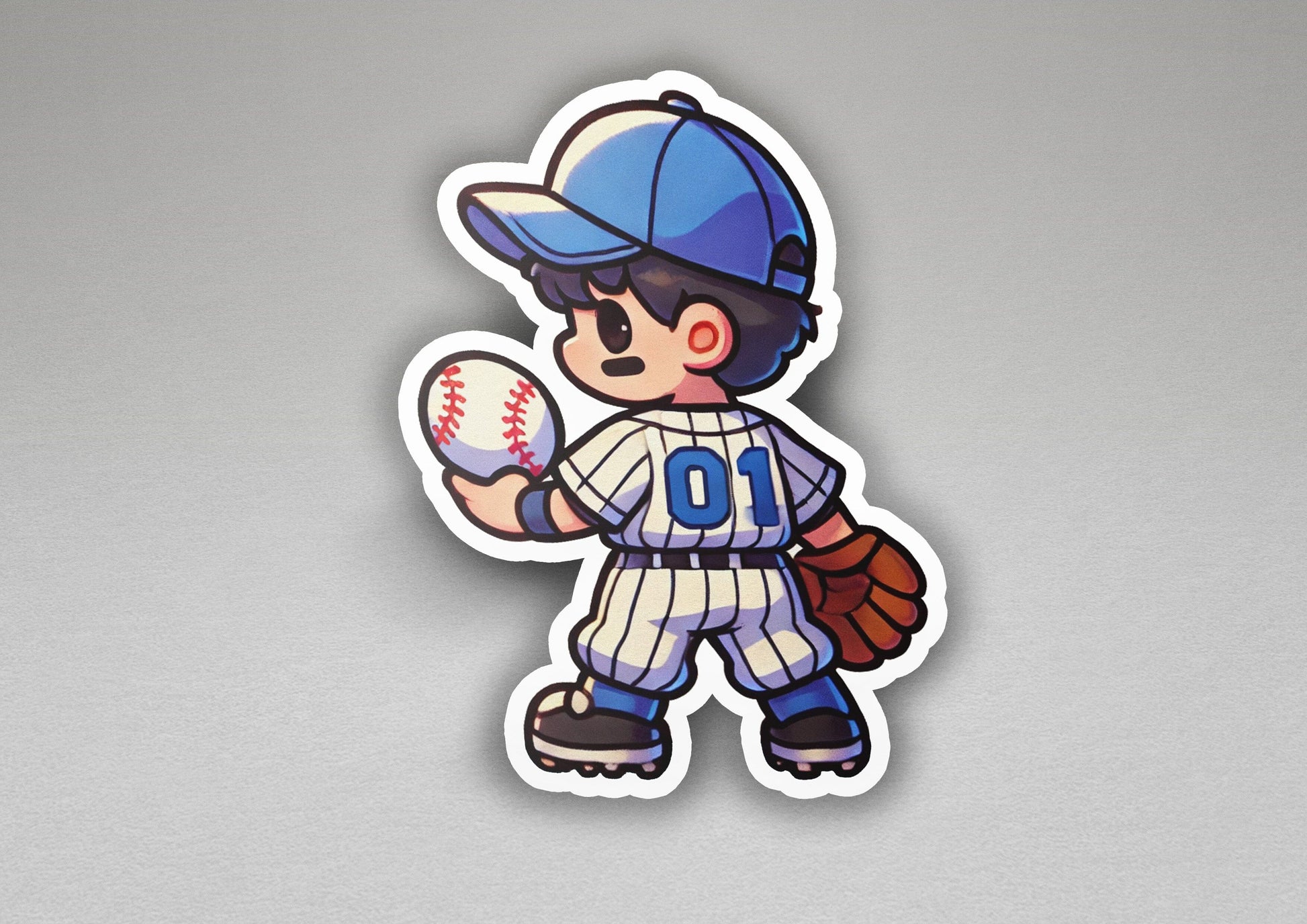 a sticker of a baseball player holding a ball