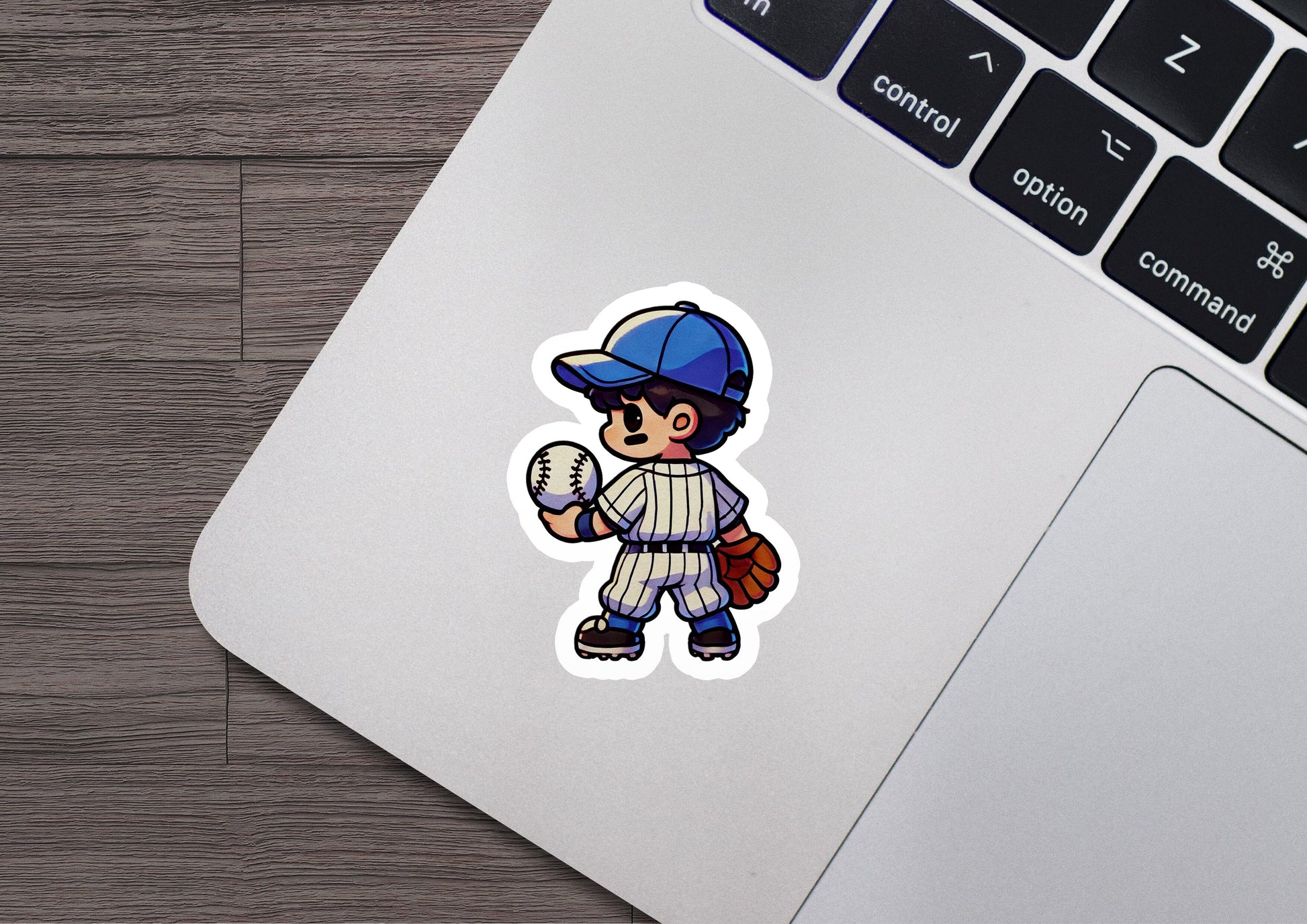 a laptop with a sticker of a baseball player