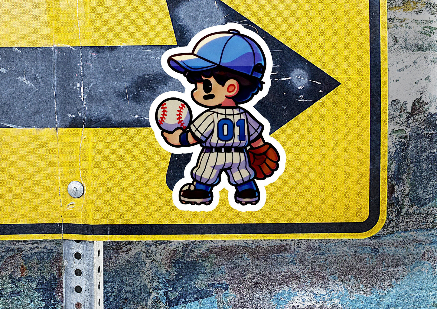 a sticker of a baseball player holding a ball