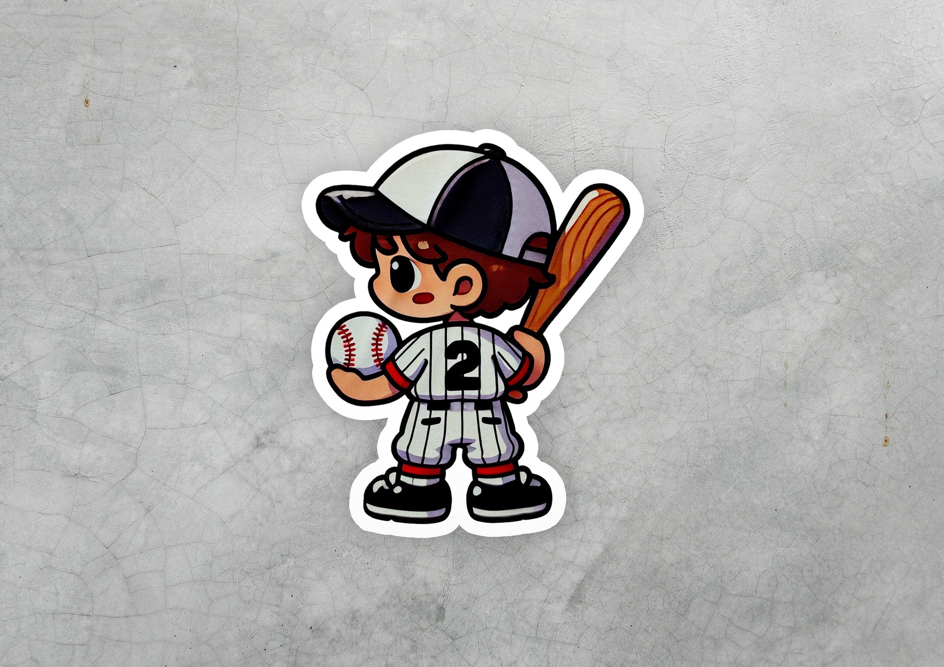 a sticker of a baseball player holding a bat