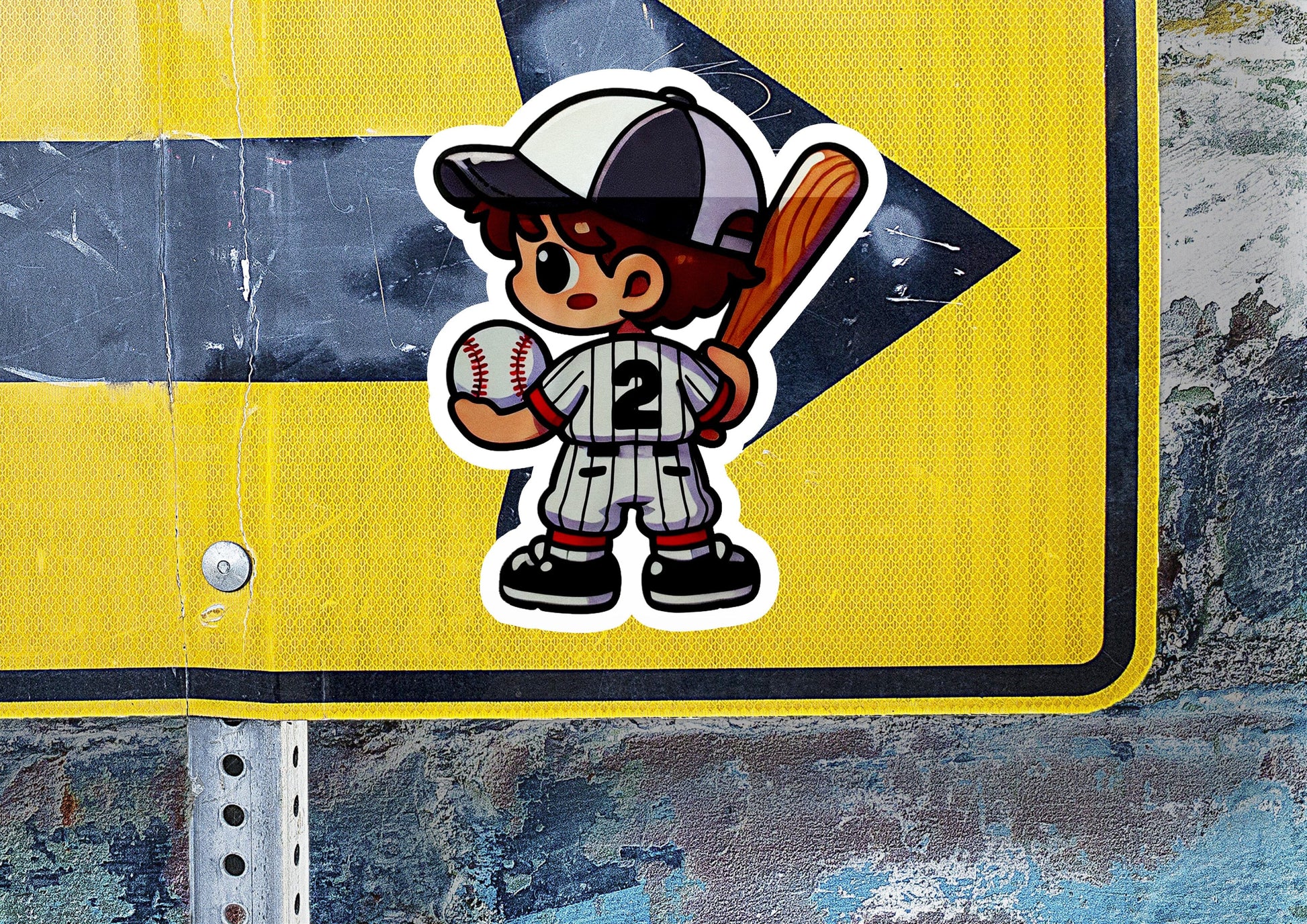 a sticker of a baseball player holding a bat