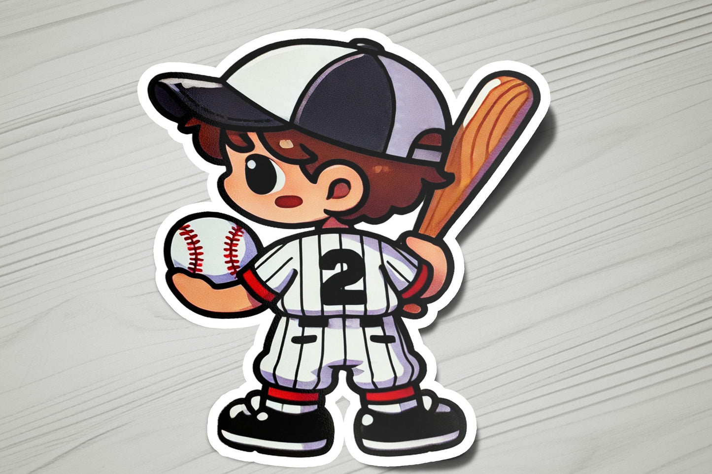 a sticker of a baseball player holding a bat