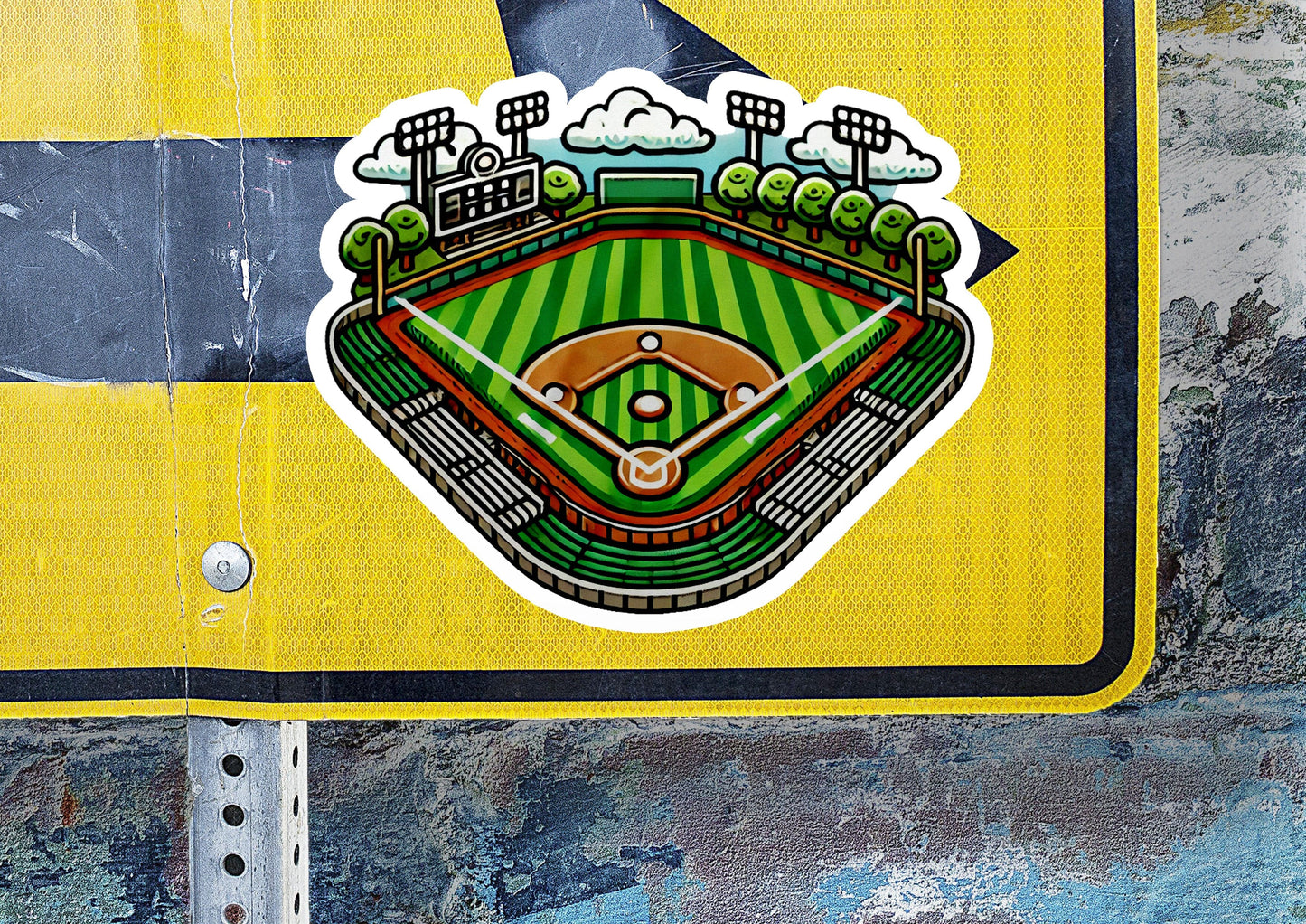 a sticker of a baseball field on a yellow sign