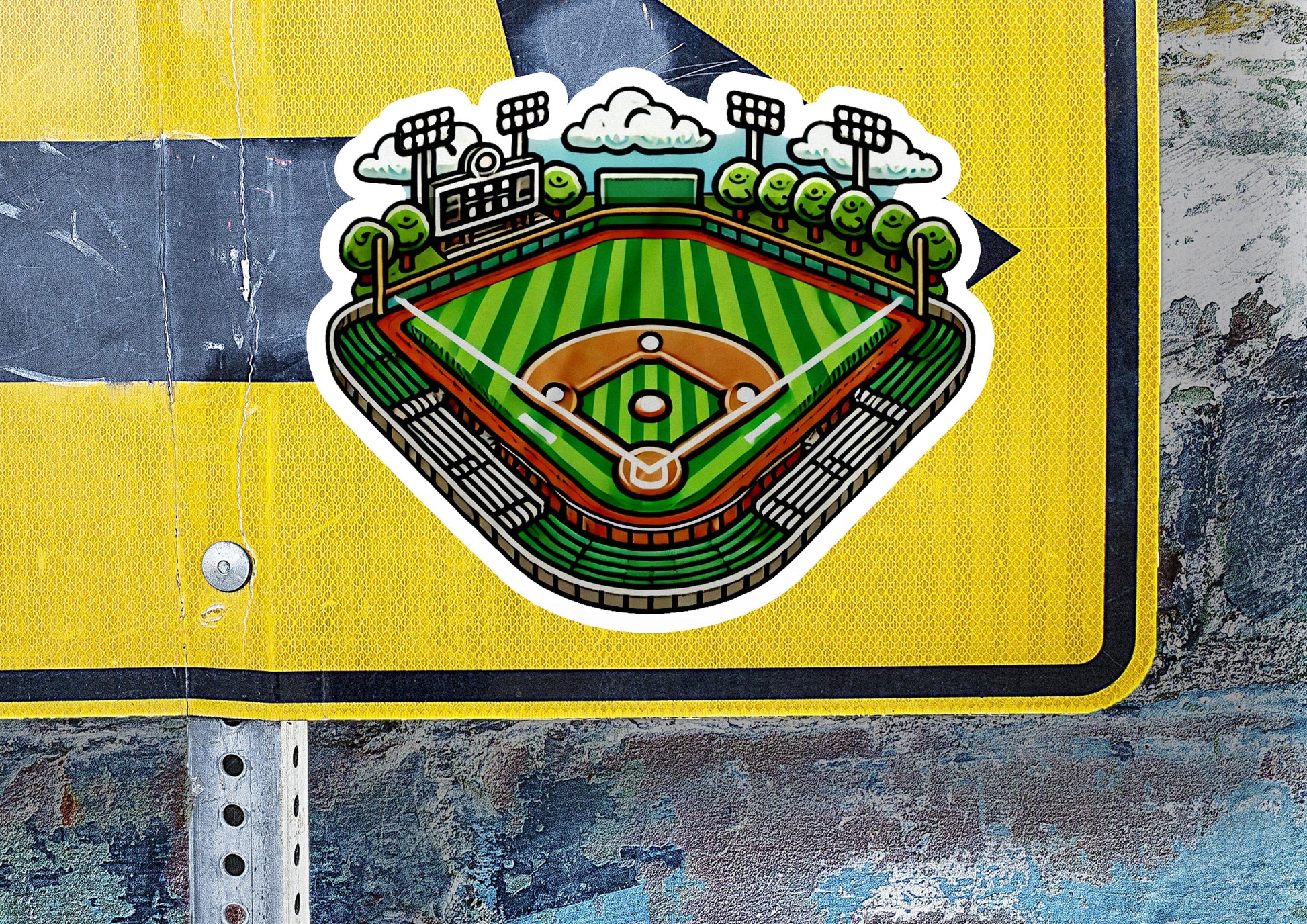 a sticker of a baseball field on a yellow sign