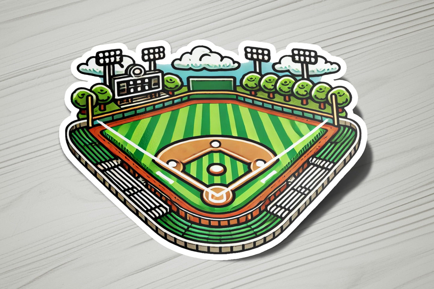 a sticker of a baseball field with trees