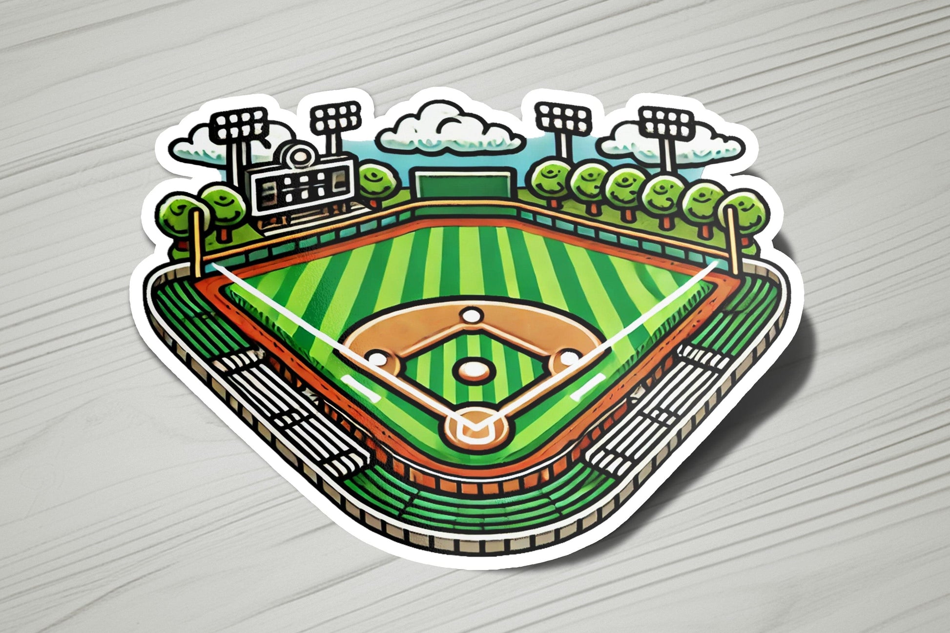 a sticker of a baseball field with trees