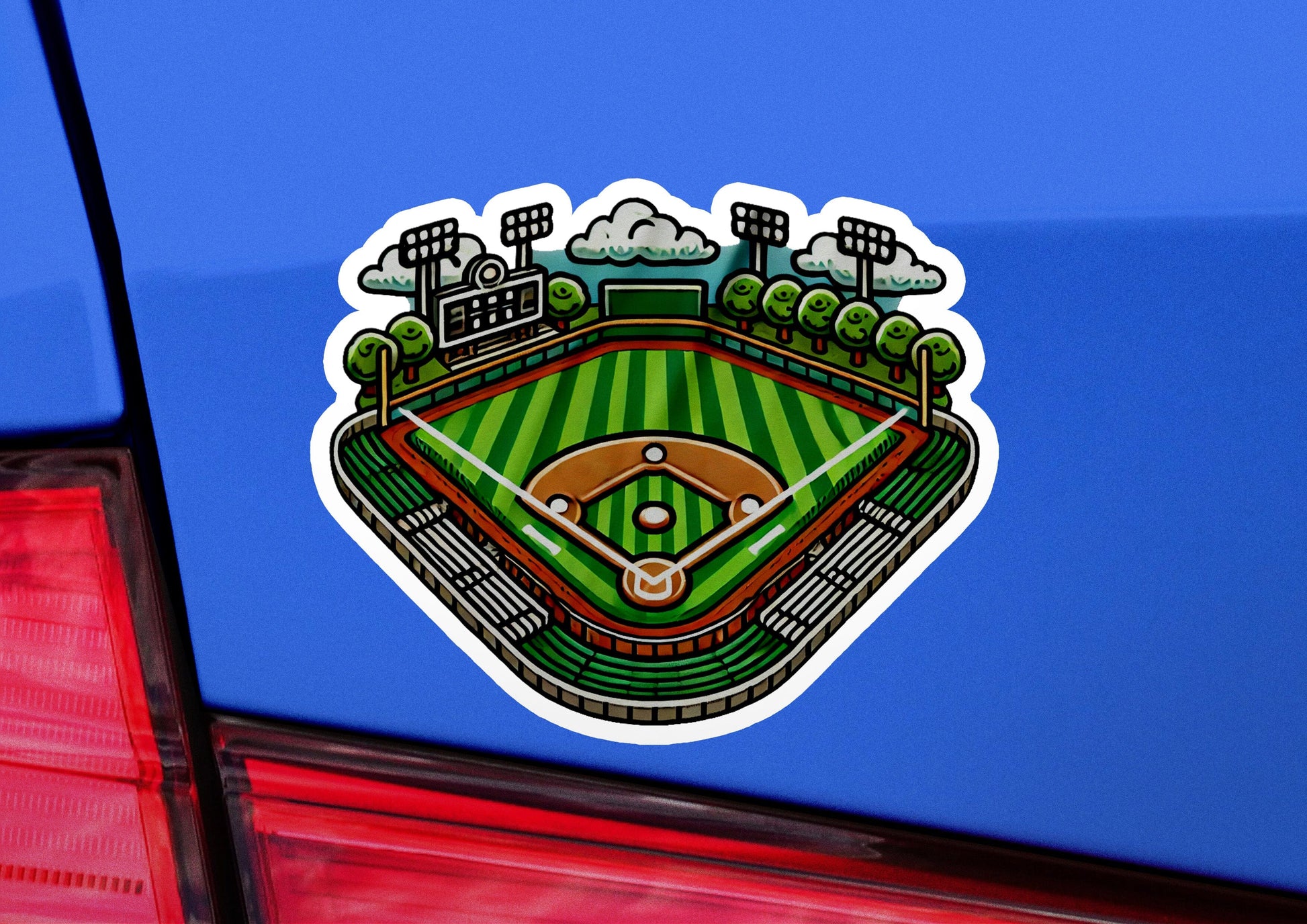 a car with a sticker of a baseball field